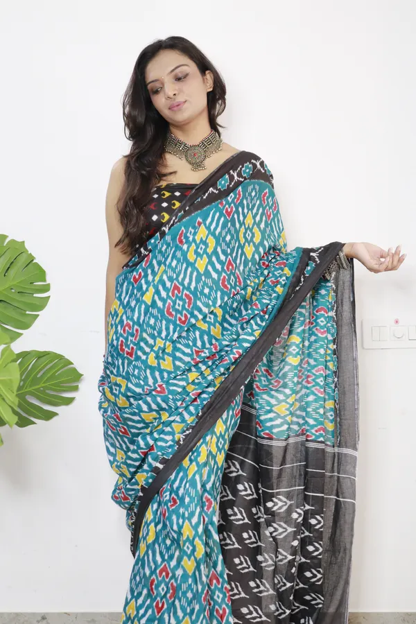 Ikkat_Print_Pure_mul_Cotton_Saree_With_Blouse_Piece_with_Unstiched_Blouse_Fabric