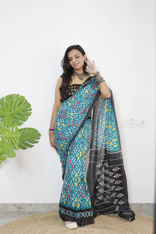 Ikkat_Print_Pure_mul_Cotton_Saree_With_Blouse_Piece_with_Unstiched_Blouse_Fabric