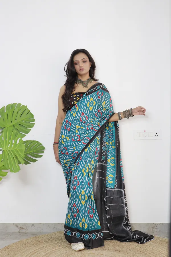 Ikkat_Print_Pure_mul_Cotton_Saree_With_Blouse_Piece_with_Unstiched_Blouse_Fabric