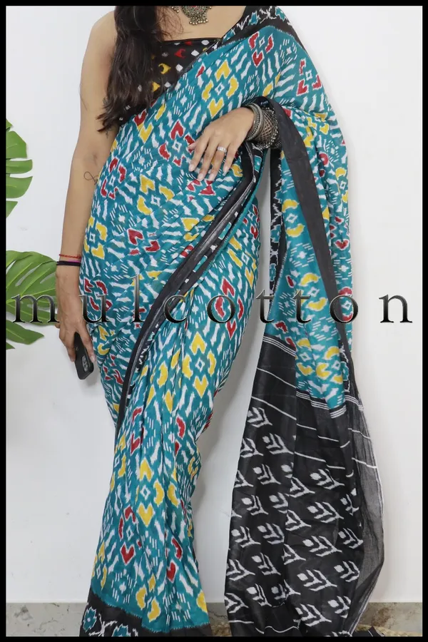 Ikkat_Print_Pure_mul_Cotton_Saree_With_Blouse_Piece_with_Unstiched_Blouse_Fabric