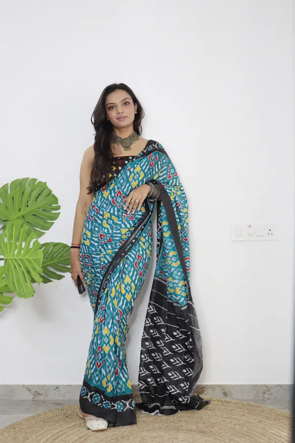 Ikkat_Print_Pure_mul_Cotton_Saree_With_Blouse_Piece_with_Unstiched_Blouse_Fabric