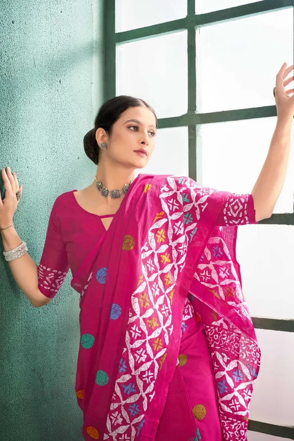 Ikkat_Print_Pure_Soft_Cotton_saree_With_Blouse_Piece