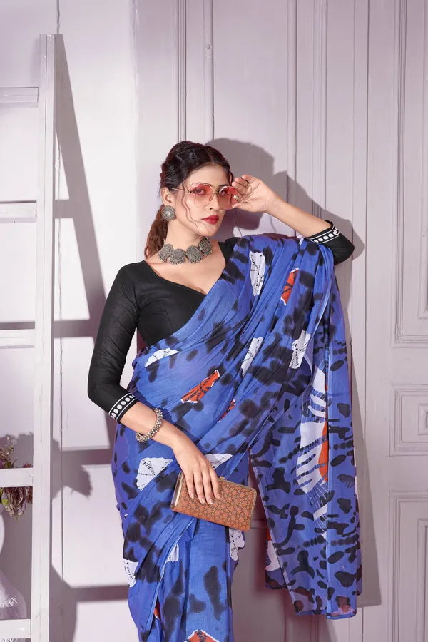 Handicraft_womens_Hand_Block_Print_Saree_Blue_with_Unstiched_Blouse_Fabric