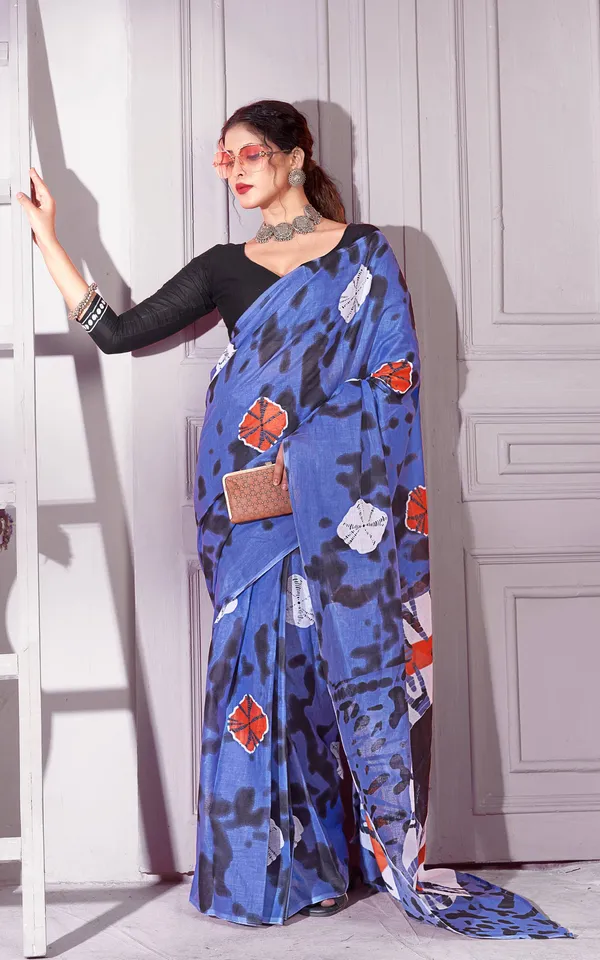 Handicraft_womens_Hand_Block_Print_Saree_Blue_with_Unstiched_Blouse_Fabric