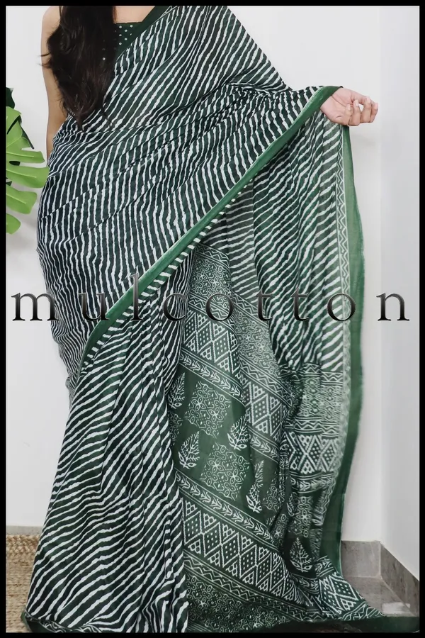 Green_Hand_Leriya_Print_Pure_mul_Cotton_Saree_With_Blouse_Piece_with_Unstiched_Blouse_Fabric