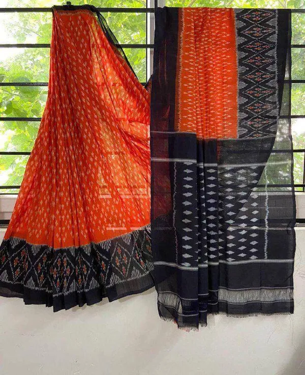 Orange_Ikkat_Print_Pure_mul_Cotton_Saree_With_Blouse_Piece_with_Unstiched_Blouse_Fabric