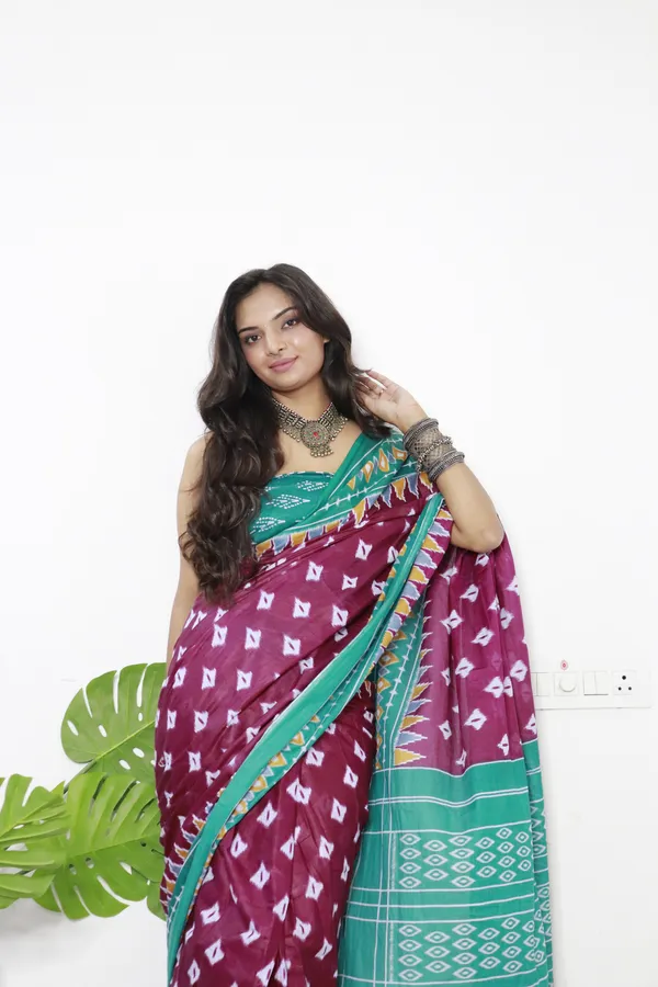 Sudarshan_Ikkat_Print_Pure_mul_Cotton_Saree_With_Blouse_Piece_with_Unstiched_Blouse_Fabric