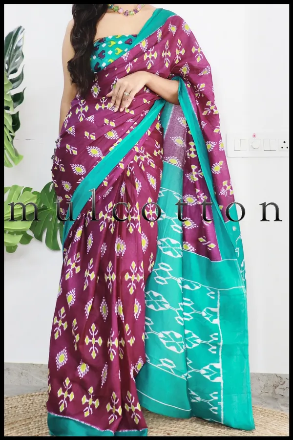 Sudarshan_Ikkat_Print_Pure_mul_Cotton_Saree_With_Blouse_Piece_with_Unstiched_Blouse_Fabric