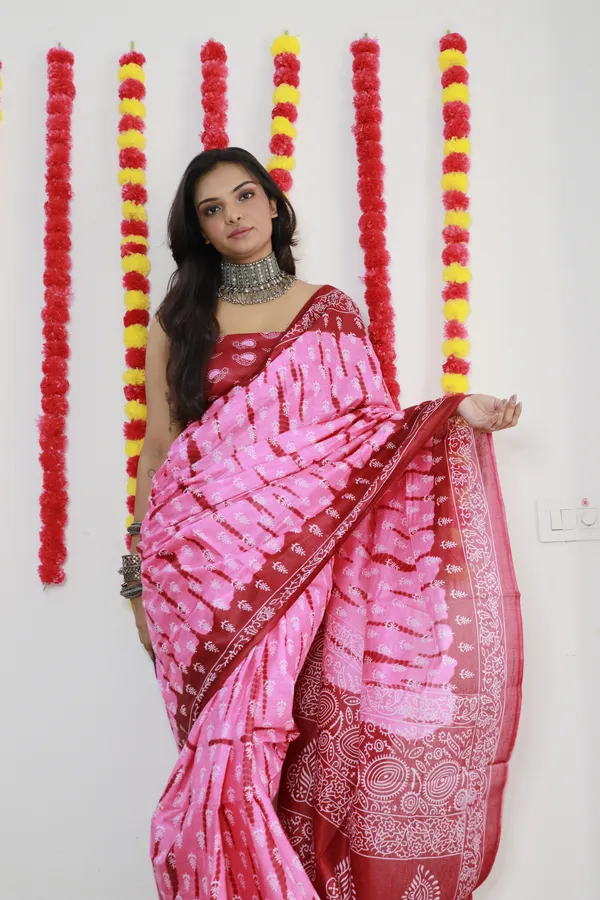 Pink_Hand_Shibori_Print_Pure_mul_Cotton_Saree_With_Blouse_Piece_with_Unstiched_Blouse_Fabric