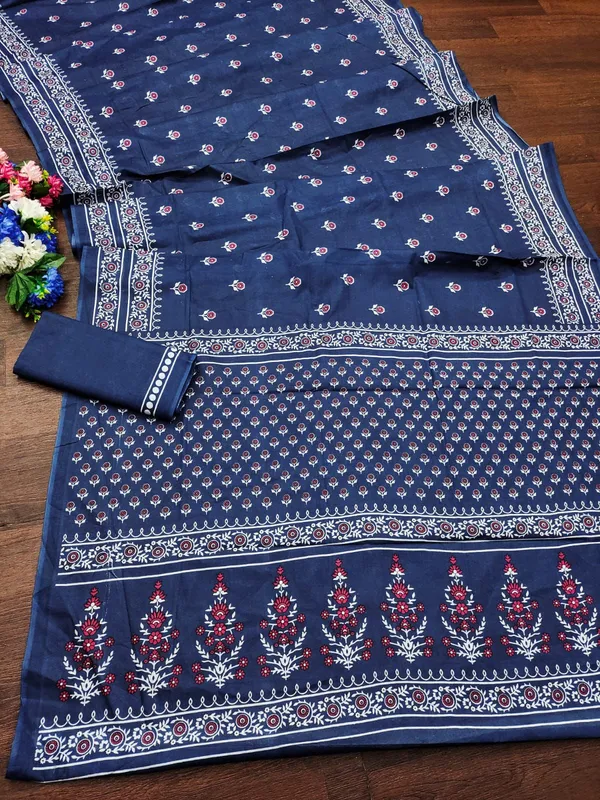 Blue_Hand_Block_Print_Pure_mul_Cotton_Saree_With_Blouse_Piece_with_Unstiched_Blouse_Fabric