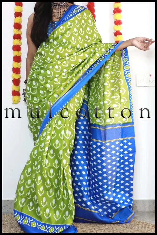 Ikkat_Print_Pure_mul_Cotton_Saree_With_Blouse_Piece_with_Unstiched_Blouse_Fabric