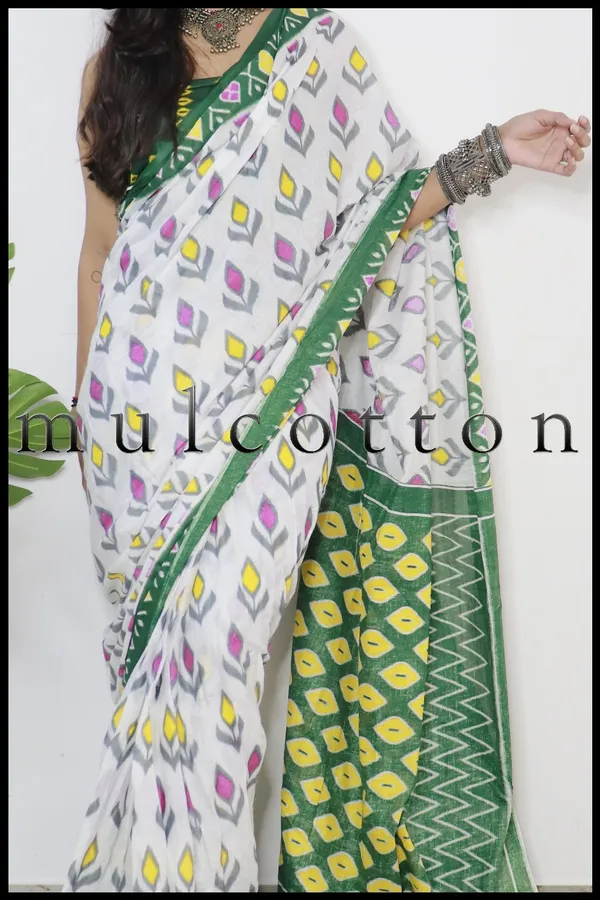 Ikkat_Print_Pure_mul_Cotton_Saree_With_Blouse_Piece_with_Unstiched_Blouse_Fabric