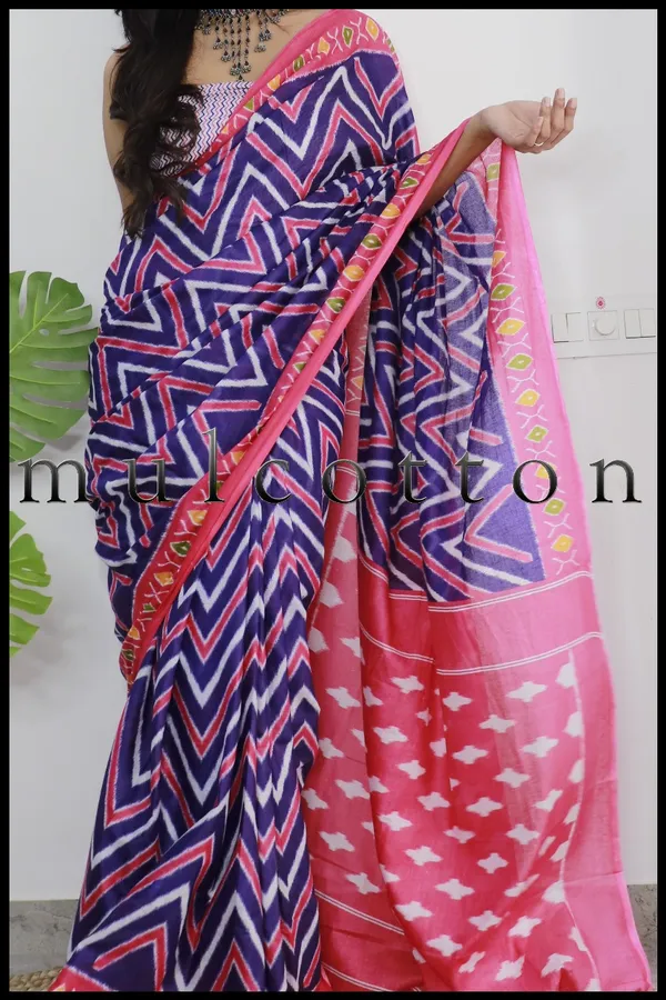 Multi_Colour_Ikkat_Print_Pure_mul_Cotton_Saree_With_Blouse_Piece_with_Unstiched_Blouse_Fabric