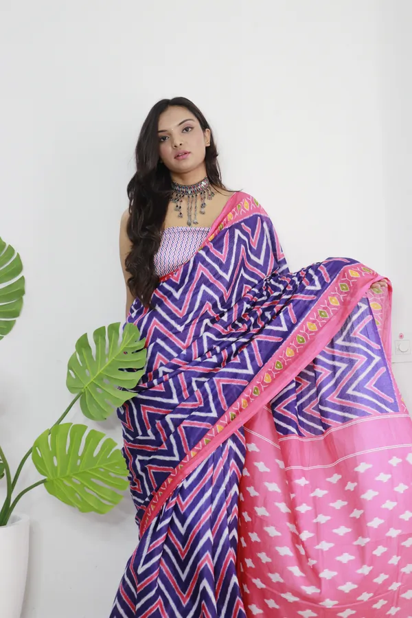 Multi_Colour_Ikkat_Print_Pure_mul_Cotton_Saree_With_Blouse_Piece_with_Unstiched_Blouse_Fabric