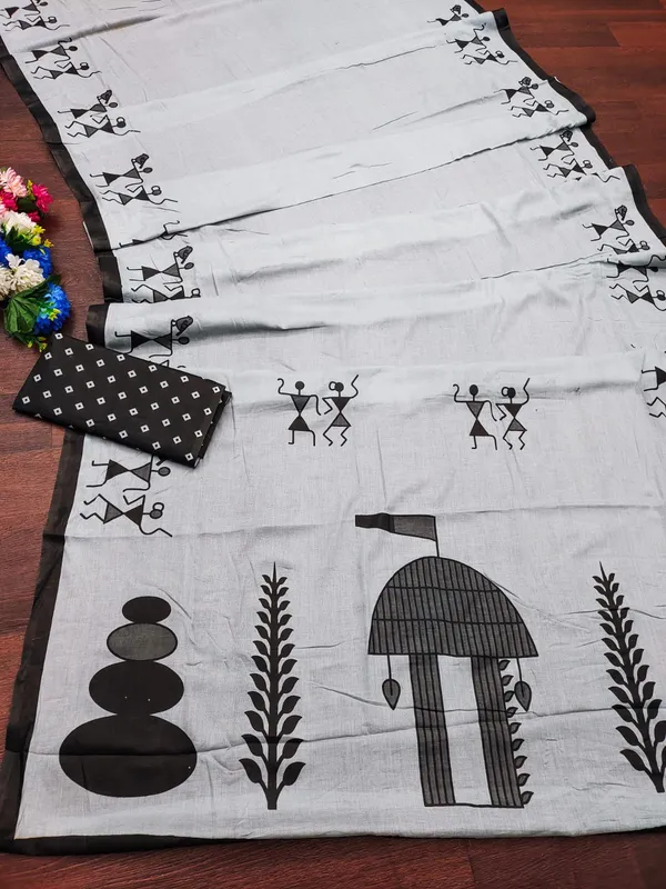 Grey_Hand_Block_Print_Pure_mul_Cotton_Saree_With_Blouse_Piece_with_Unstiched_Blouse_Fabric