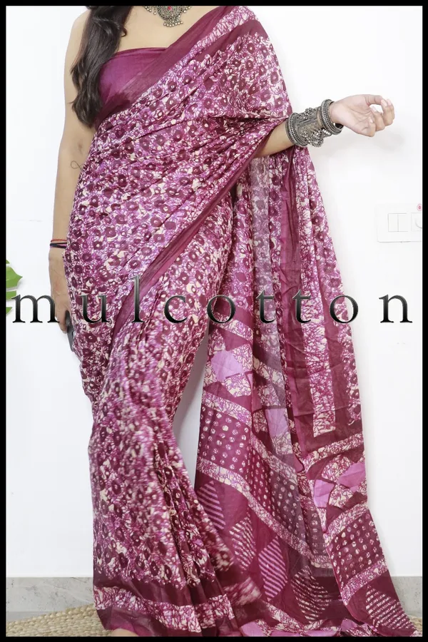 Purple_hand_block_Print_Pure_mul_Cotton_Saree_With_Blouse_Piece_with_Unstiched_Blouse_Fabric