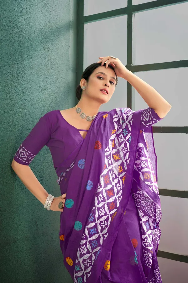Ikkat_Print_Pure_Soft_Cotton_saree_With_Blouse_Piece