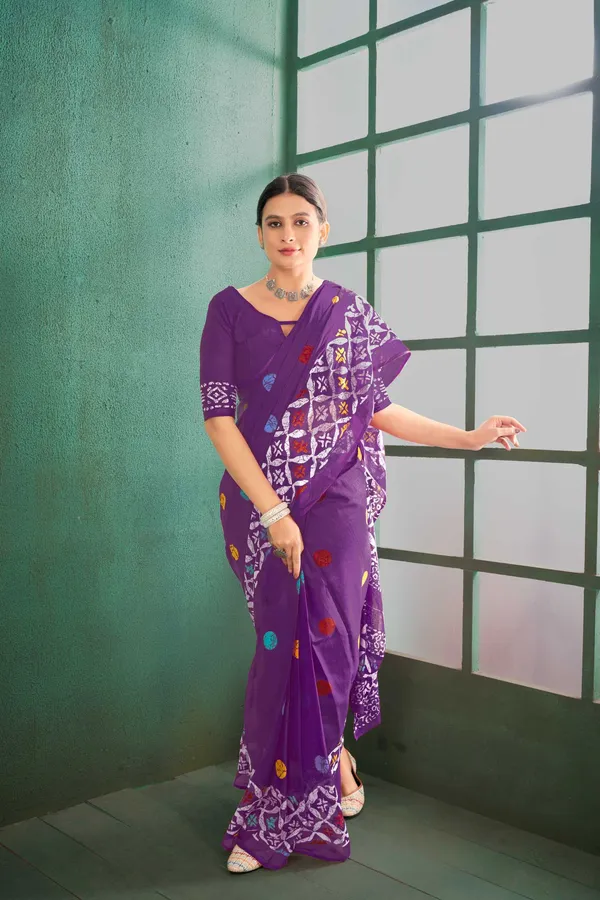 Ikkat_Print_Pure_Soft_Cotton_saree_With_Blouse_Piece