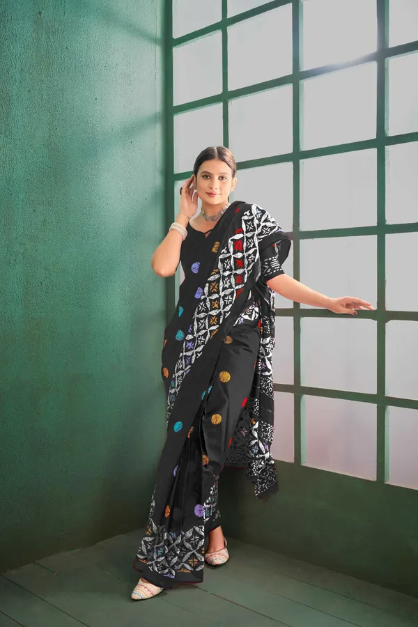 Ikkat_Print_Pure_Soft_Cotton_saree_With_Blouse_Piece