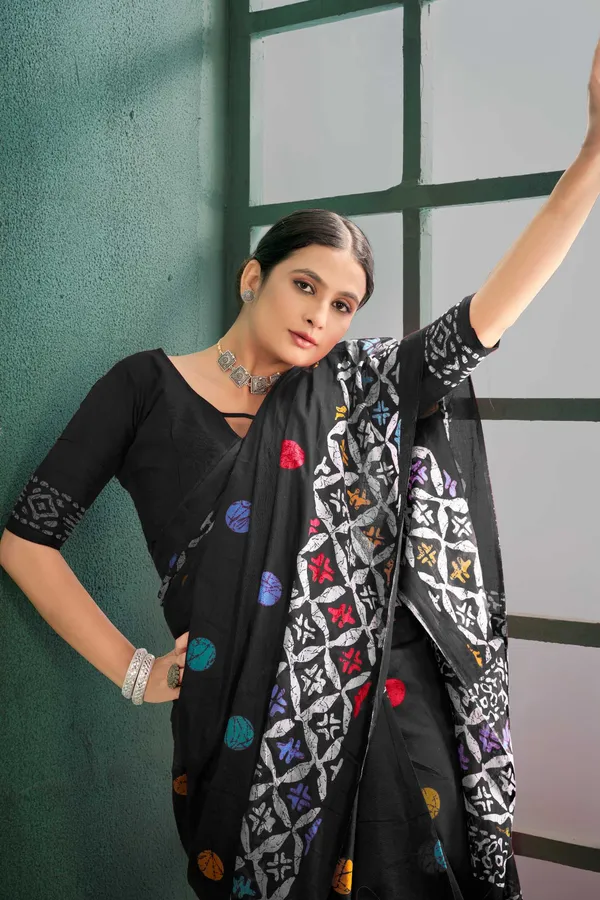 Ikkat_Print_Pure_Soft_Cotton_saree_With_Blouse_Piece