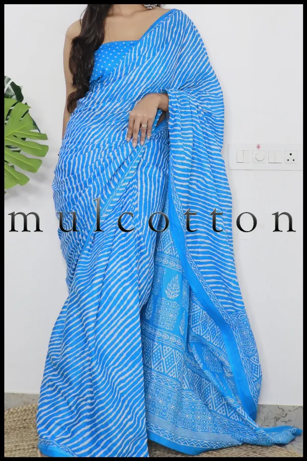 Blue_Hand_Leriya_Print_Pure_mul_Cotton_Saree_With_Blouse_Piece_with_Unstiched_Blouse_Fabric