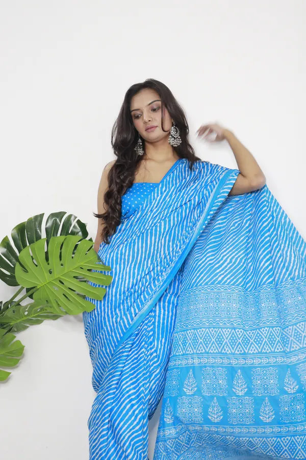 Blue_Hand_Leriya_Print_Pure_mul_Cotton_Saree_With_Blouse_Piece_with_Unstiched_Blouse_Fabric