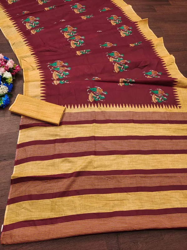 Maroon_Hand_Block_Print_Pure_mul_Cotton_Saree_With_Blouse_Piece_with_Unstiched_Blouse_Fabric