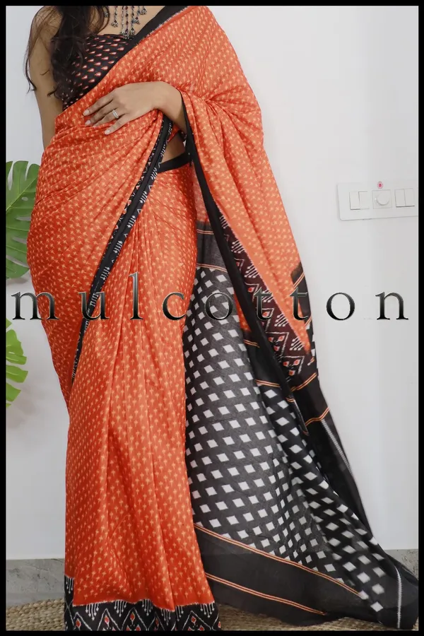 Ikkat_Print_Pure_mul_Cotton_Saree_With_Blouse_Piece_with_Unstiched_Blouse_Fabric