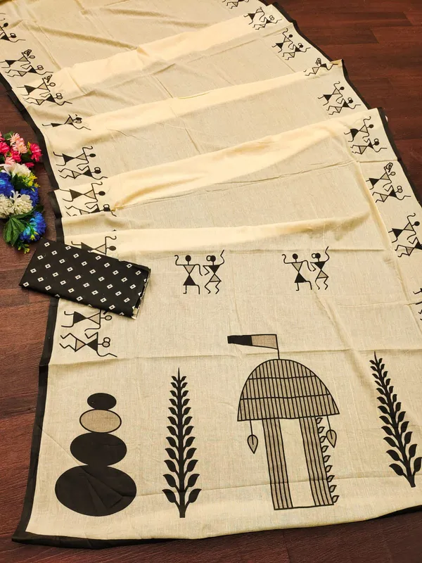 Cream_Hand_Block_Print_Pure_mul_Cotton_Saree_With_Blouse_Piece_with_Unstiched_Blouse_Fabric