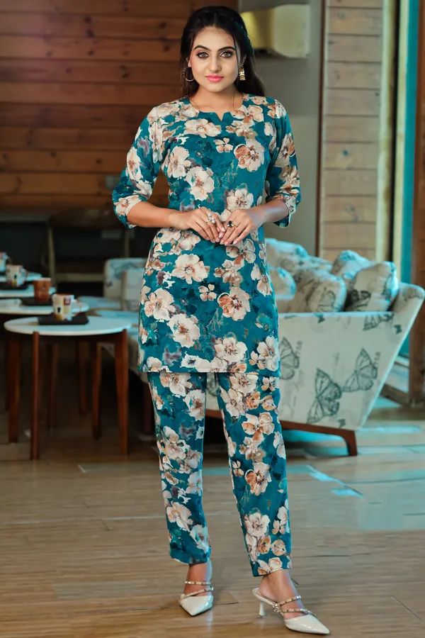 BAVAREE Teal Blue Synthetic Rayon Floral Kurta Pant Set Price in India Buy BAVAREE Teal Blue Synthetic Rayon Floral Kurta Pant Set online at undefined
