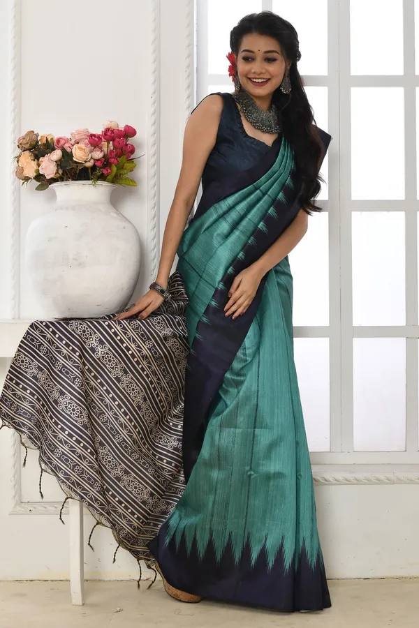 Aqua_Blue_Tussar_Silk_Saree_With_Printed_Work