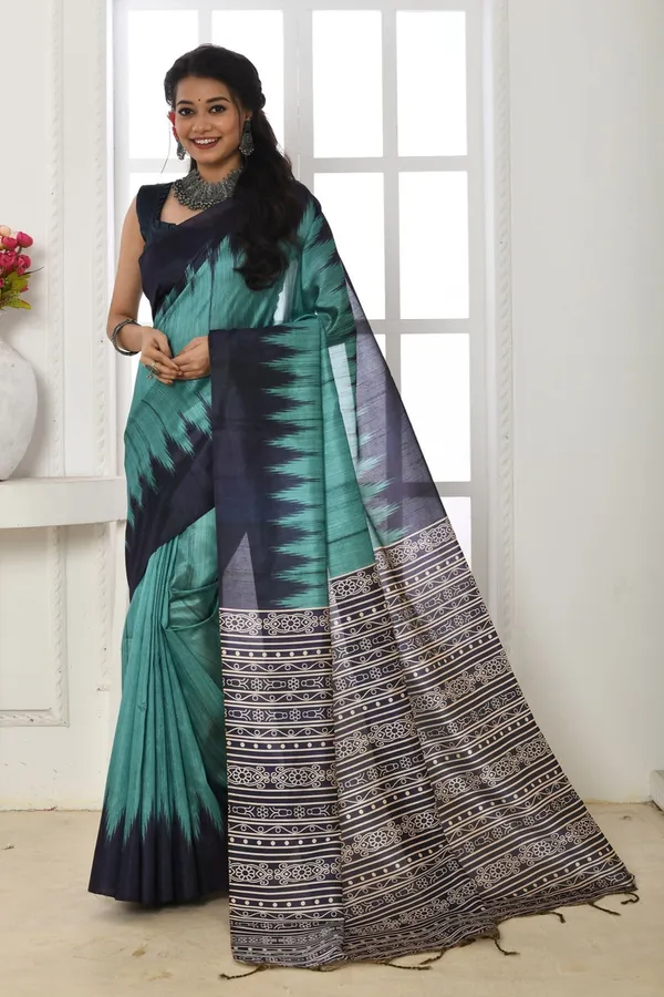Aqua_Blue_Tussar_Silk_Saree_With_Printed_Work