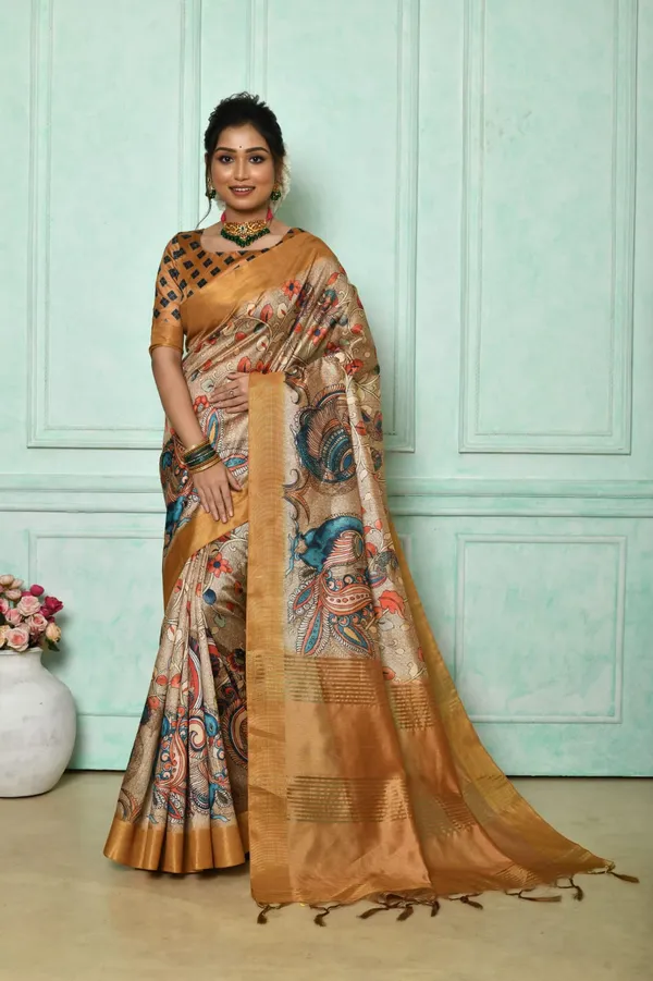 Beige_Soft_Tussar_Silk_Saree_With_Kalmkari_Print