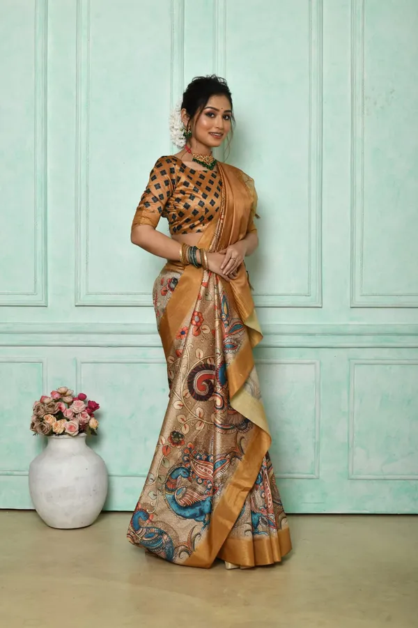 Beige_Soft_Tussar_Silk_Saree_With_Kalmkari_Print