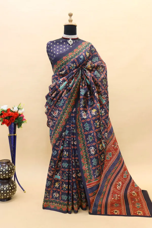 Blue_Colour_Smooth_Silk_Saree_With_Patola_Print