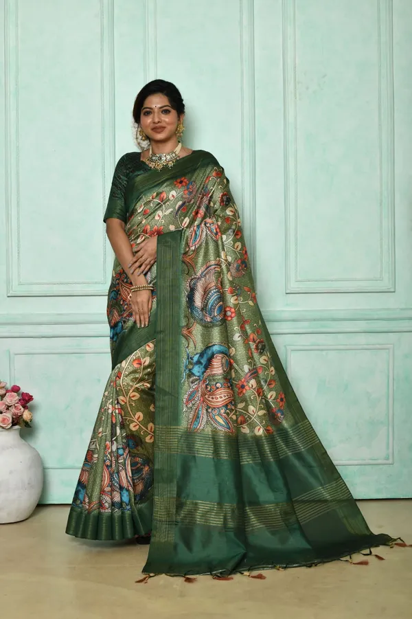Green_Soft_Tussar_Silk_Saree_With_Kalmkari_Print