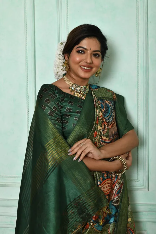 Green_Soft_Tussar_Silk_Saree_With_Kalmkari_Print