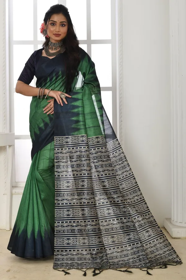 Green_Tussar_Silk_Saree_With_Printed_Work