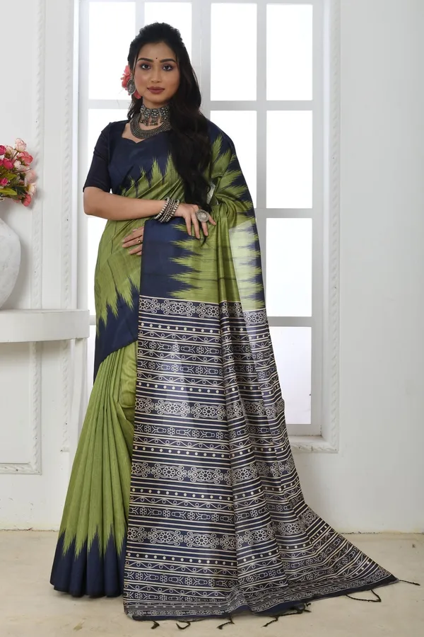 Mahendi_Green_Tussar_Silk_Saree_With_Printed_Work