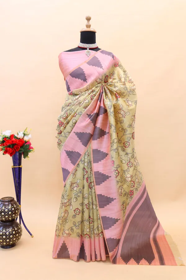 Beige_Smooth_Silk_Saree_With_Kalmkari_Print