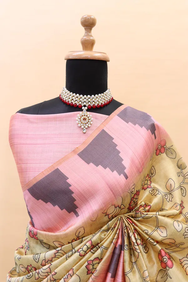 Beige_Smooth_Silk_Saree_With_Kalmkari_Print