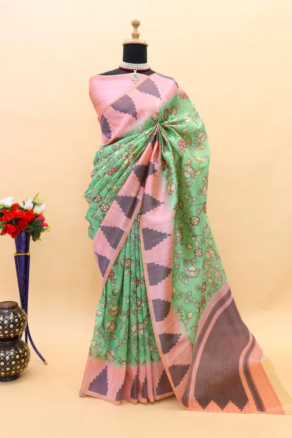 Green_Smooth_Silk_Saree_With_Kalmkari_Print