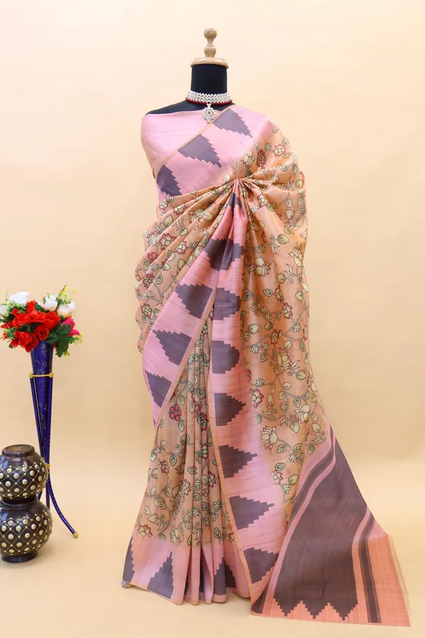 Peach_Smooth_Silk_Saree_With_Kalmkari_Print