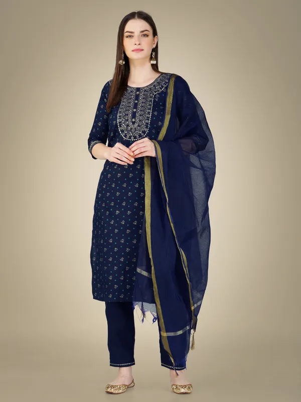 Navy_Blue_Cotton_Magic_Slub_Kurti_Pant_Dupatta_Set_With_Embroidery_&_Sequence_Work
