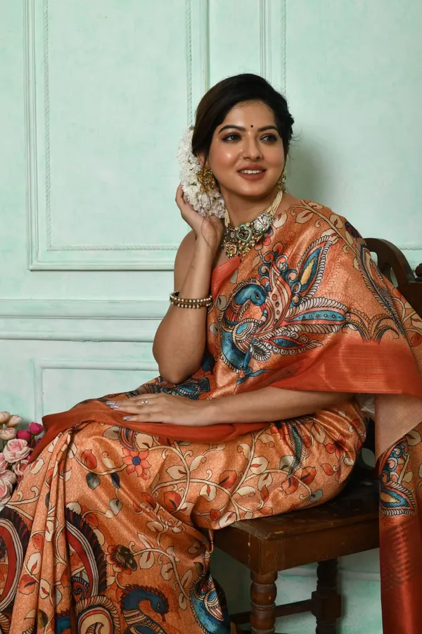 Orange_Soft_Tussar_Silk_Saree_With_Kalmkari_Print