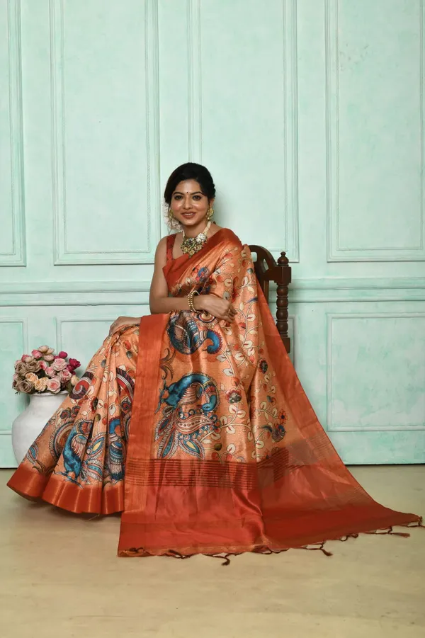 Orange_Soft_Tussar_Silk_Saree_With_Kalmkari_Print