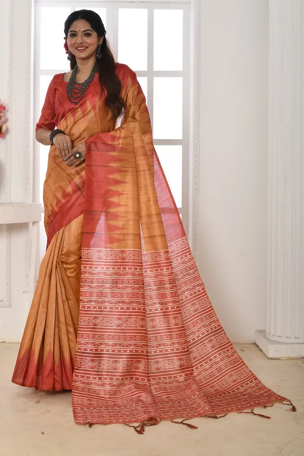 Orange_Tussar_Silk_Saree_With_Printed_Work