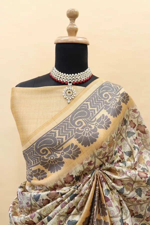 Orange_colour_Smooth_Silk_Saree_With_Digital_Kalmkari_Print