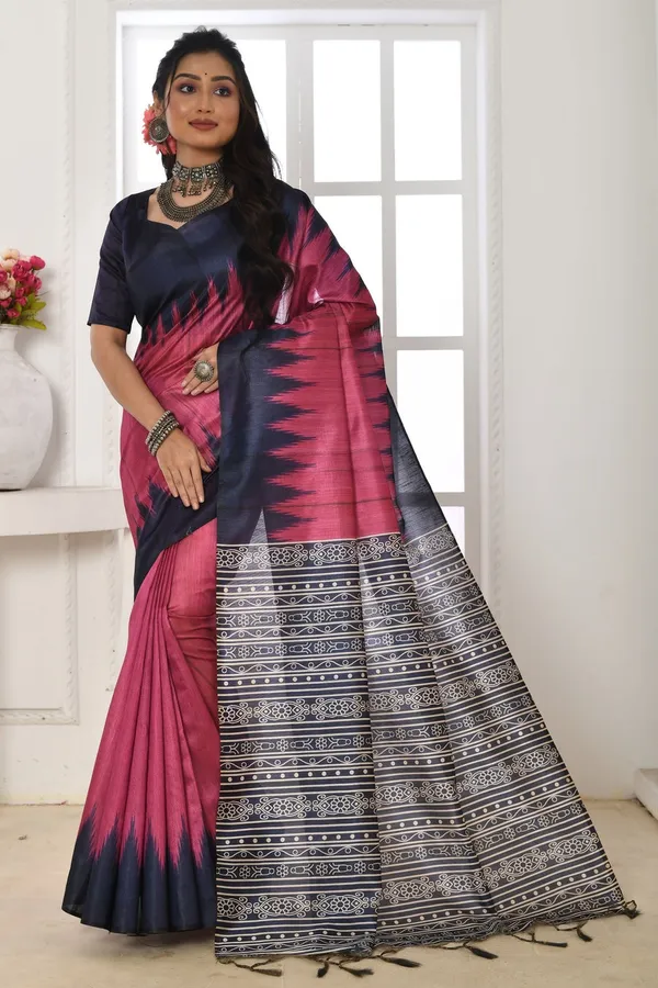 Pink_Tussar_Silk_Saree_With_Printed_Work