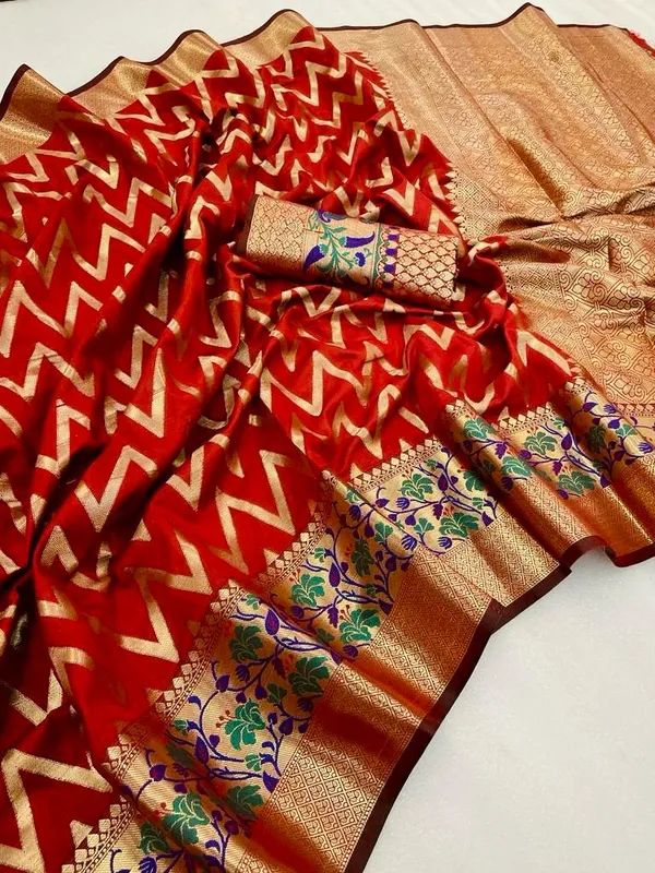 Red_Soft_Banarasi_Silk_Saree_With_Zari_Weaving_Work